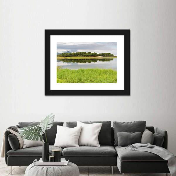 Reservoir With Green Grass Meadow Canvas Wall Art-3 Horizontal-Gallery Wrap-25" x 16"-Tiaracle