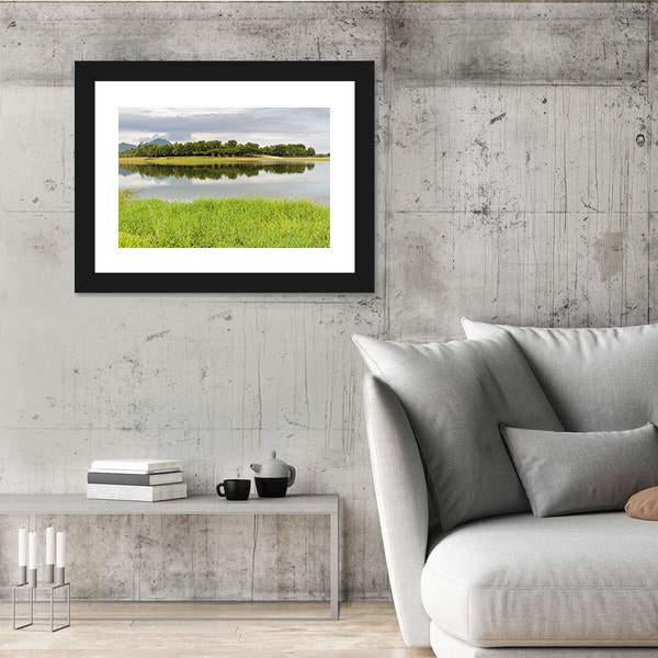 Reservoir With Green Grass Meadow Canvas Wall Art-3 Horizontal-Gallery Wrap-25" x 16"-Tiaracle