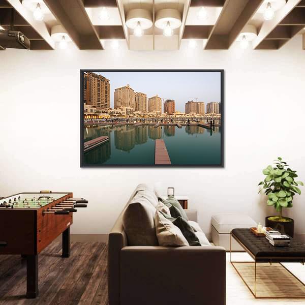 Residential Buildings And Empty Marina Canvas Wall Art-1 Piece-Floating Frame-24" x 16"-Tiaracle