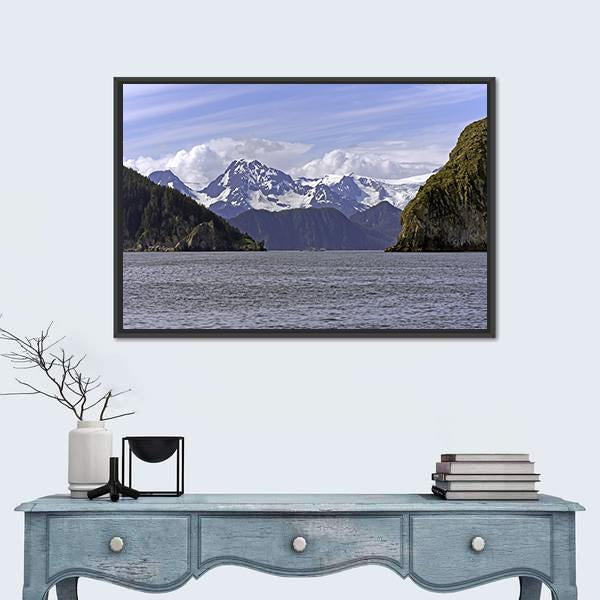 Resurrection Bay Near Seward, Alaska Canvas Wall Art in white, gray and blue, framed canvas, product view on a white background