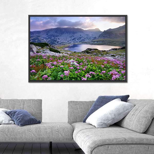 Retezat National Park With Lake On Mountain And Flowers Romania Canvas Wall Art-5 Horizontal-Gallery Wrap-22" x 12"-Tiaracle