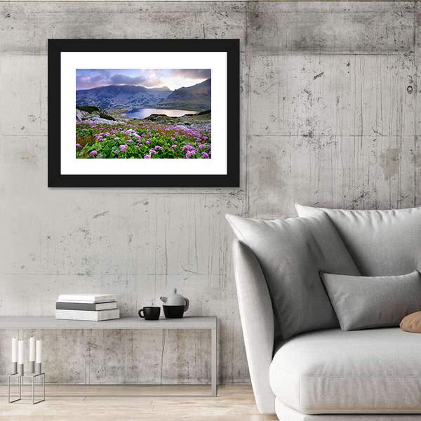 Retezat National Park With Lake On Mountain And Flowers Romania Canvas Wall Art-5 Horizontal-Gallery Wrap-22" x 12"-Tiaracle