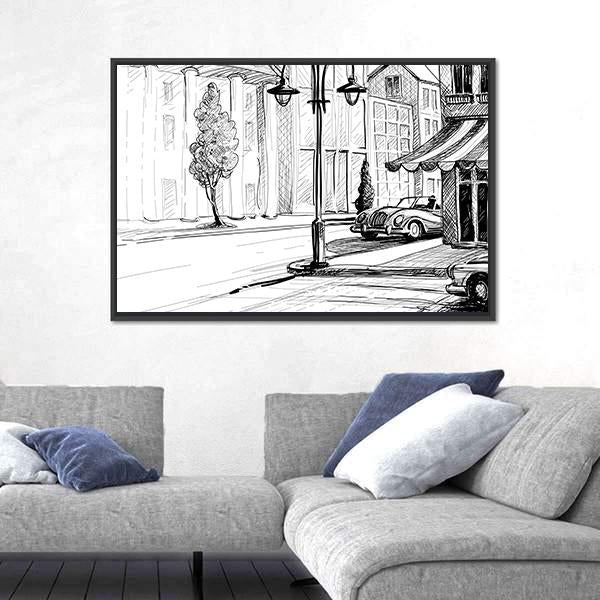 Retro City Sketch Canvas Wall Art-3 Horizontal-Gallery Wrap-25" x 16"-Tiaracle
