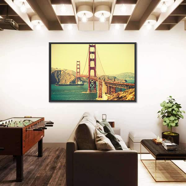 Retro Style Golden Gate Bridge Canvas Wall Art-5 Horizontal-Gallery Wrap-22" x 12"-Tiaracle