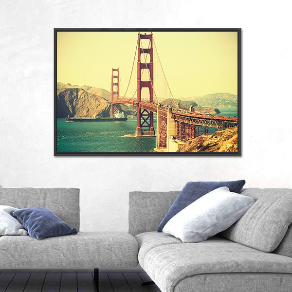 Retro Style Golden Gate Bridge Canvas Wall Art-5 Horizontal-Gallery Wrap-22" x 12"-Tiaracle