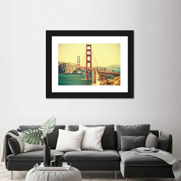 Retro Style Golden Gate Bridge Canvas Wall Art-5 Horizontal-Gallery Wrap-22" x 12"-Tiaracle