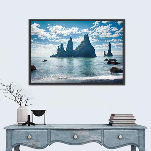 Reynisdrangar Rock Formations in Iceland Canvas Wall Art-1 Piece-Floating Frame-36" x 24"-Tiaracle
