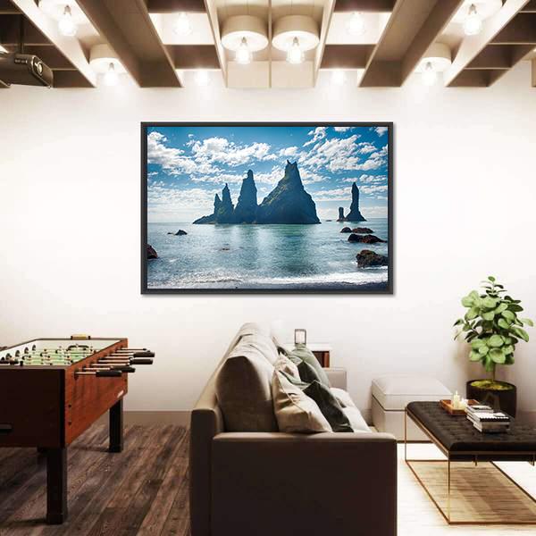 Reynisdrangar Rock Formations in Iceland Canvas Wall Art-5 Horizontal-Gallery Wrap-22" x 12"-Tiaracle