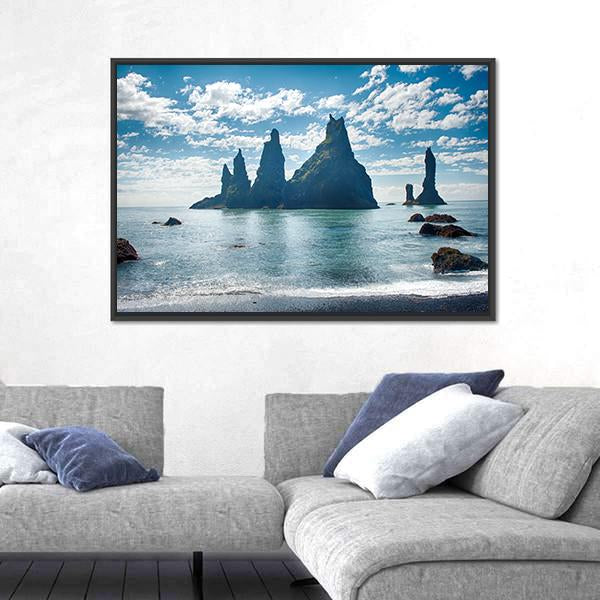 Reynisdrangar Rock Formations in Iceland Canvas Wall Art-5 Horizontal-Gallery Wrap-22" x 12"-Tiaracle