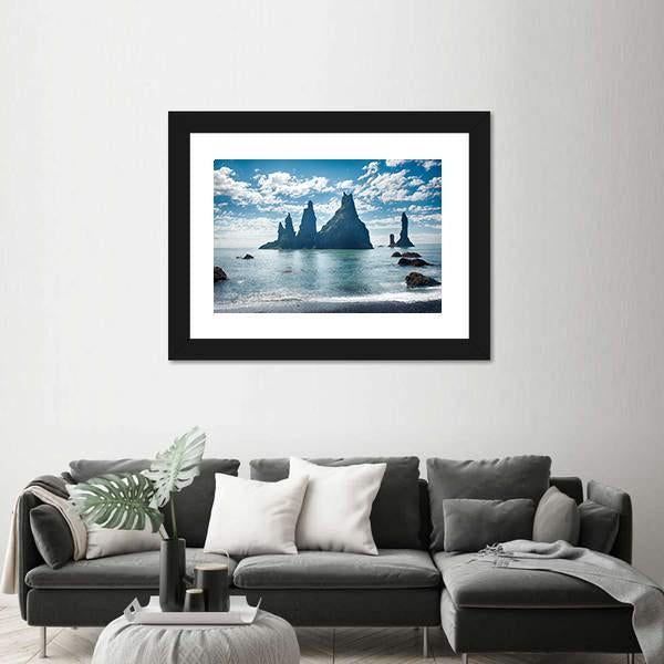 Reynisdrangar Rock Formations in Iceland Canvas Wall Art-5 Horizontal-Gallery Wrap-22" x 12"-Tiaracle