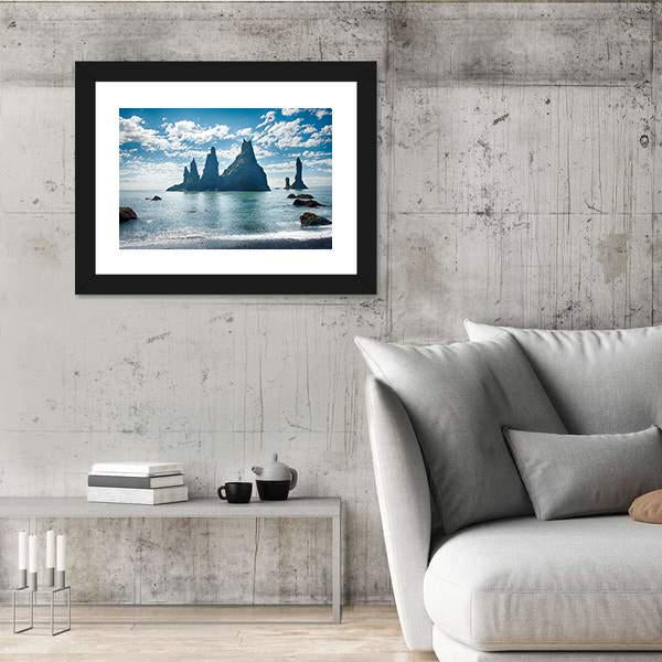 Reynisdrangar Rock Formations in Iceland Canvas Wall Art-5 Horizontal-Gallery Wrap-22" x 12"-Tiaracle