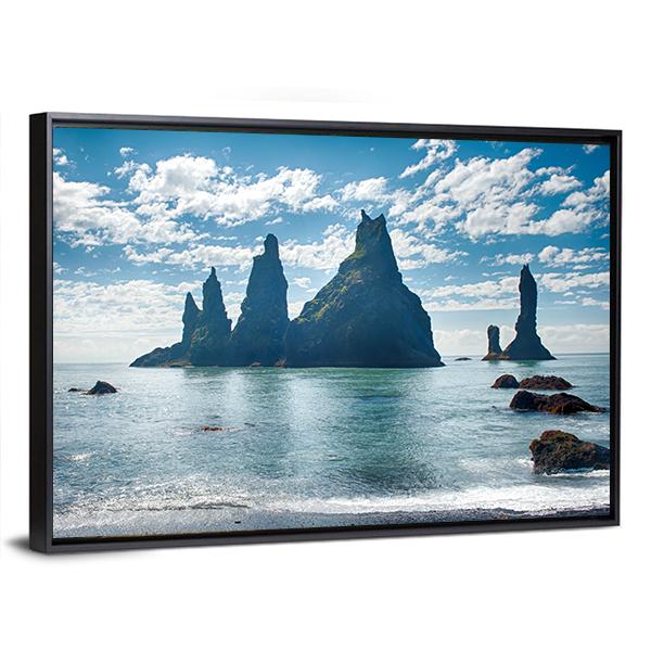 Reynisdrangar Rock Formations in Iceland Canvas Wall Art-5 Horizontal-Gallery Wrap-22" x 12"-Tiaracle