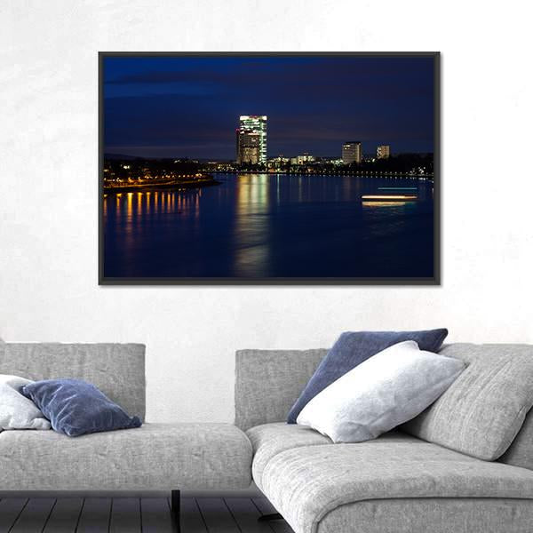 Rhine River At Night Canvas Wall Art-3 Horizontal-Gallery Wrap-25" x 16"-Tiaracle