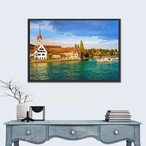 Rhine River Switzerland Canvas Wall Art-1 Piece-Floating Frame-36" x 24"-Tiaracle
