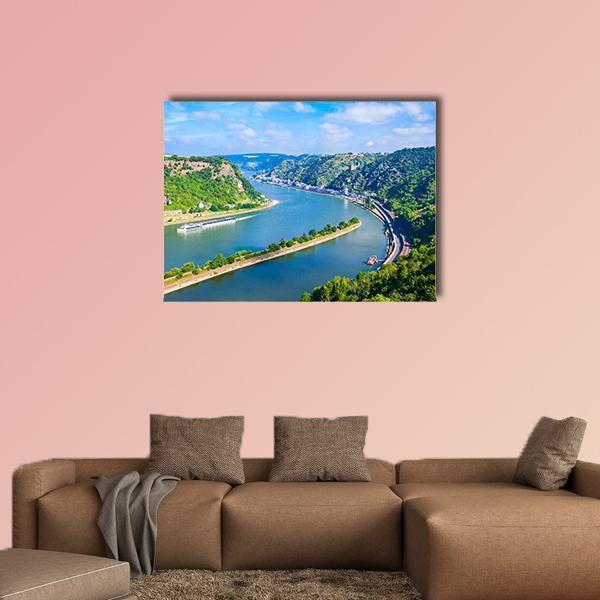 Rhineland-palatinate River Valley Canvas Wall Art in green and blue, single panel hung on a wall