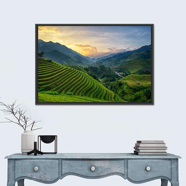 Rice Fields On Terrace In Rainy Season In Vietnam Canvas Wall Art-1 Piece-Floating Frame-24" x 16"-Tiaracle