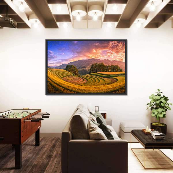 Rice Fields On Terraced With Pine Tree At Sunset Canvas Wall Art-5 Horizontal-Gallery Wrap-22" x 12"-Tiaracle