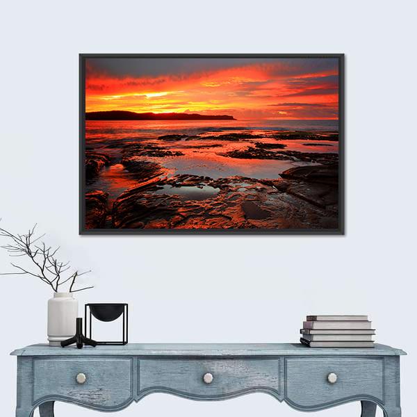Rich Red Velvet Sunrise Over Pearl Beach Canvas Wall Art-1 Piece-Floating Frame-36" x 24"-Tiaracle