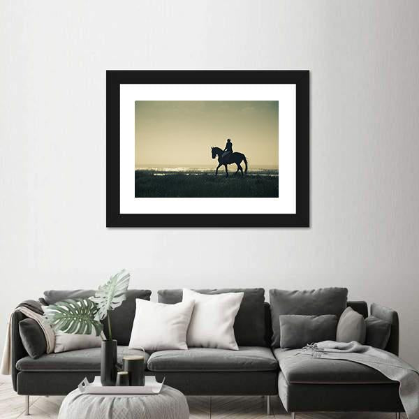 Rider Silhouette On Horseback Canvas Wall Art-1 Piece-Framed Print-20" x 16"-Tiaracle