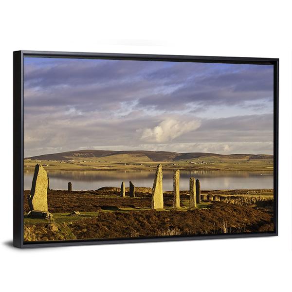 Ring of Brodgar, Orkney Canvas Wall Art in gray, brown and blue, framed canvas, product view on a white background
