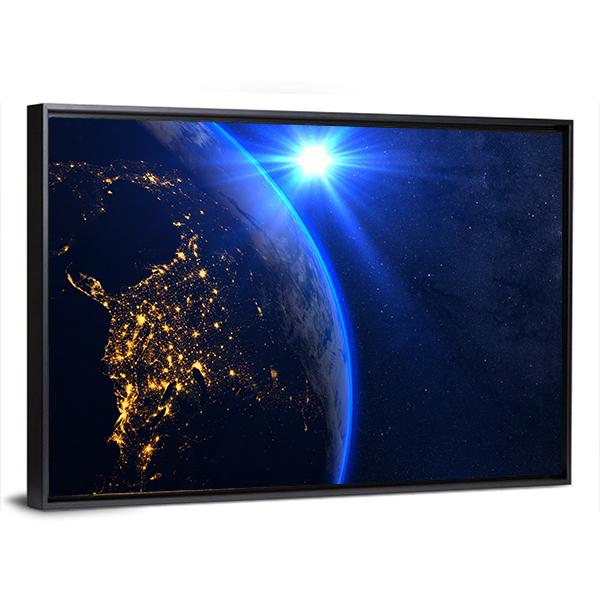 Rising Blue Sun On Planet Earth Canvas Wall Art-3 Horizontal-Gallery Wrap-25" x 16"-Tiaracle