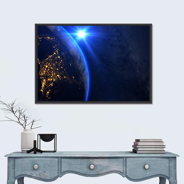 Rising Blue Sun On Planet Earth Canvas Wall Art-3 Horizontal-Gallery Wrap-25&quot; x 16&quot;-Tiaracle