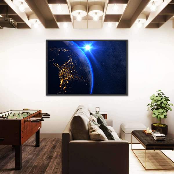 Rising Blue Sun On Planet Earth Canvas Wall Art-3 Horizontal-Gallery Wrap-25" x 16"-Tiaracle
