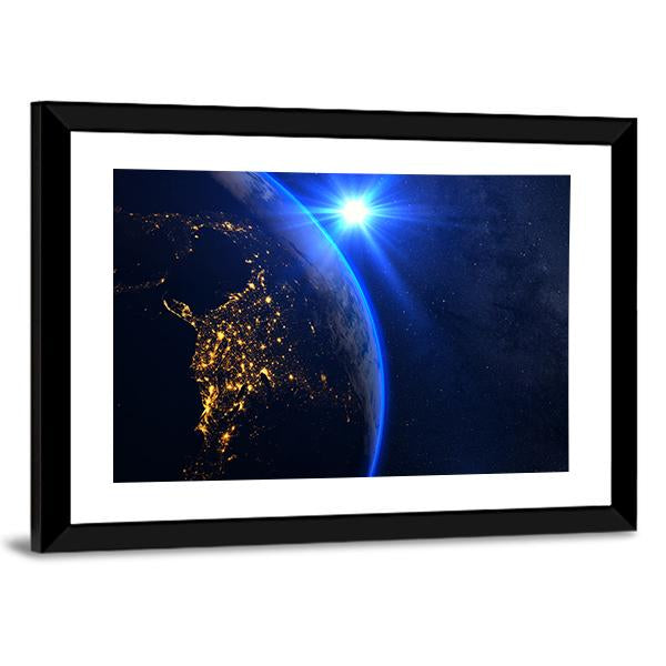 Rising Blue Sun On Planet Earth Canvas Wall Art-3 Horizontal-Gallery Wrap-25" x 16"-Tiaracle