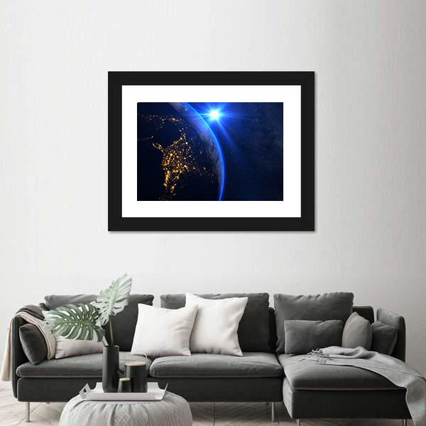 Rising Blue Sun On Planet Earth Canvas Wall Art-3 Horizontal-Gallery Wrap-25&quot; x 16&quot;-Tiaracle