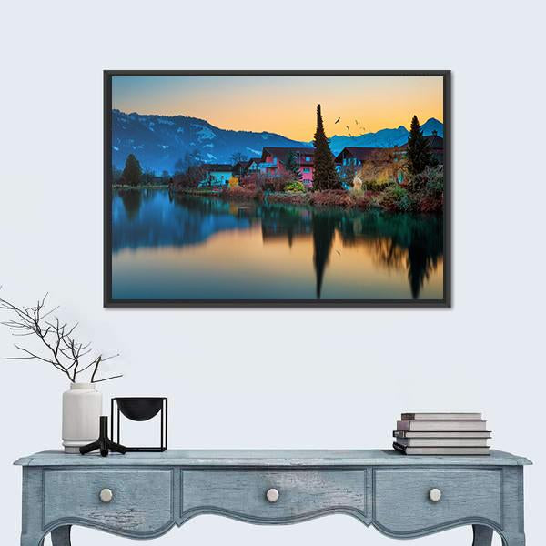 River And House To Interlaken Canvas Wall Art-3 Horizontal-Gallery Wrap-25" x 16"-Tiaracle