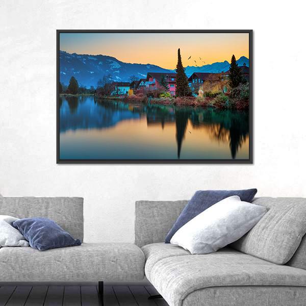 River And House To Interlaken Canvas Wall Art-3 Horizontal-Gallery Wrap-25" x 16"-Tiaracle