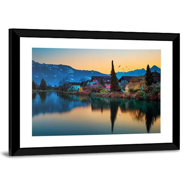 River And House To Interlaken Canvas Wall Art-3 Horizontal-Gallery Wrap-25" x 16"-Tiaracle