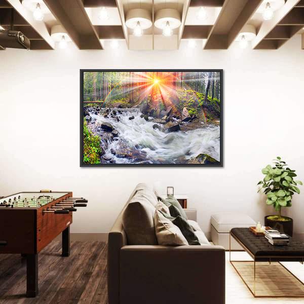 River At Sunrise In The Carpathian Forest Canvas Wall Art-1 Piece-Floating Frame-36" x 24"-Tiaracle