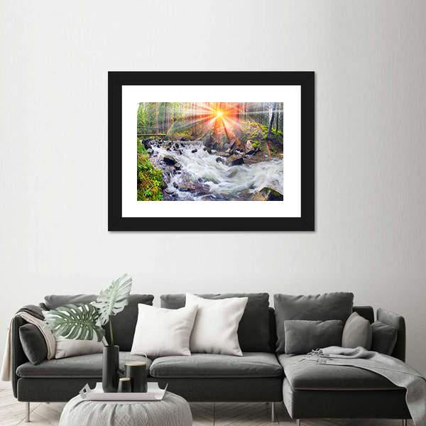 River At Sunrise In The Carpathian Forest Canvas Wall Art-1 Piece-Framed Print-42" x 14"-Tiaracle