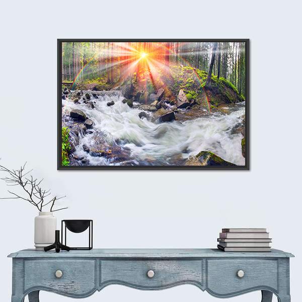 River At Sunrise In The Carpathian Forest Canvas Wall Art-5 Horizontal-Gallery Wrap-22" x 12"-Tiaracle
