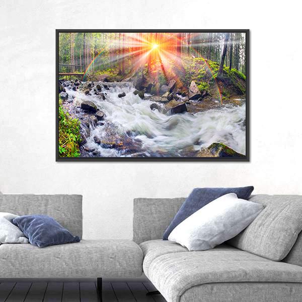 River At Sunrise In The Carpathian Forest Canvas Wall Art-5 Horizontal-Gallery Wrap-22" x 12"-Tiaracle