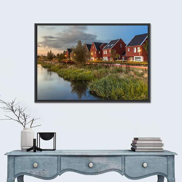 River Bank In Veenendaal City Canvas Wall Art-1 Piece-Floating Frame-24" x 16"-Tiaracle