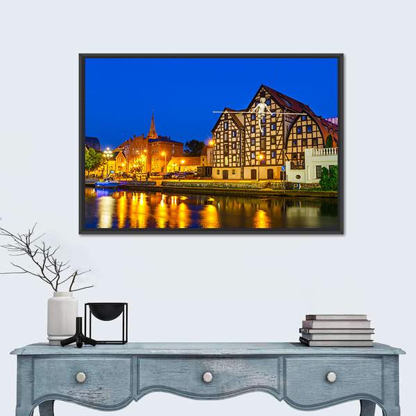 River Brda With Famous Granaries At Night Canvas Wall Art-1 Piece-Floating Frame-24" x 16"-Tiaracle