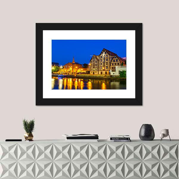 River Brda With Famous Granaries At Night Canvas Wall Art-1 Piece-Framed Print-20" x 16"-Tiaracle