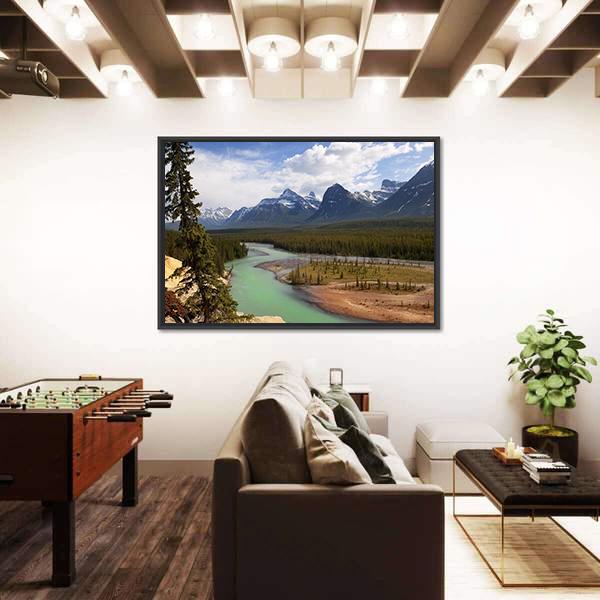 River Flowing At Foot Of Canadian Rockies Canvas Wall Art-1 Piece-Floating Frame-36" x 24"-Tiaracle