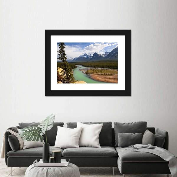 River Flowing At Foot Of Canadian Rockies Canvas Wall Art-1 Piece-Framed Print-30" x 20"-Tiaracle