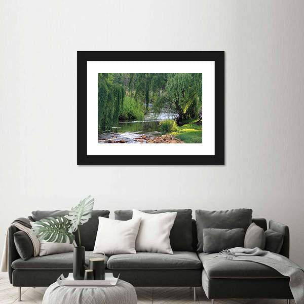 River Flowing Past Willow Trees Canvas Wall Art-1 Piece-Framed Print-20" x 16"-Tiaracle