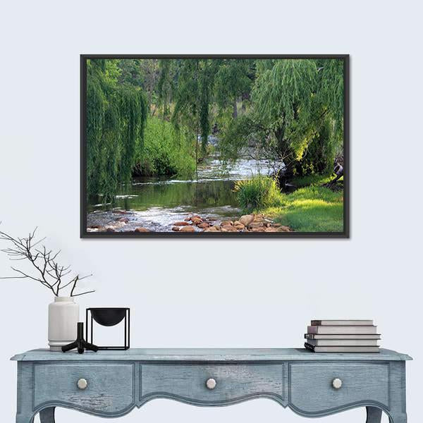 River Flowing Past Willow Trees Canvas Wall Art-3 Horizontal-Gallery Wrap-25" x 16"-Tiaracle