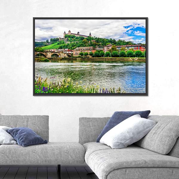 River Flows Near Wurzburg Town Germany Canvas Wall Art-3 Horizontal-Gallery Wrap-25" x 16"-Tiaracle