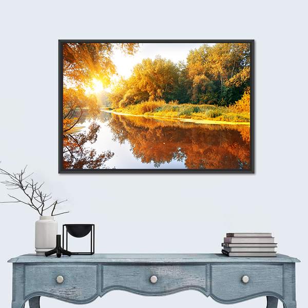 River In A Delightful Autumn Forest At Sunny Day Canvas Wall Art-1 Piece-Floating Frame-24" x 16"-Tiaracle