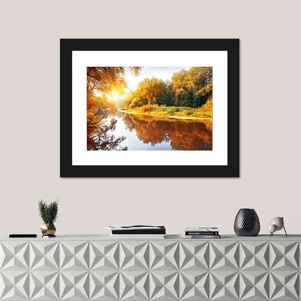 River In A Delightful Autumn Forest At Sunny Day Canvas Wall Art-1 Piece-Framed Print-20" x 16"-Tiaracle