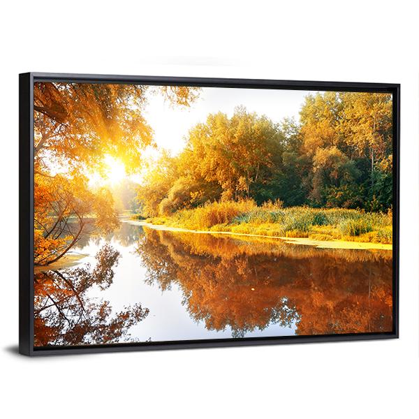 River In A Delightful Autumn Forest At Sunny Day Canvas Wall Art-3 Horizontal-Gallery Wrap-25" x 16"-Tiaracle