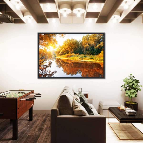 River In A Delightful Autumn Forest At Sunny Day Canvas Wall Art-3 Horizontal-Gallery Wrap-25" x 16"-Tiaracle