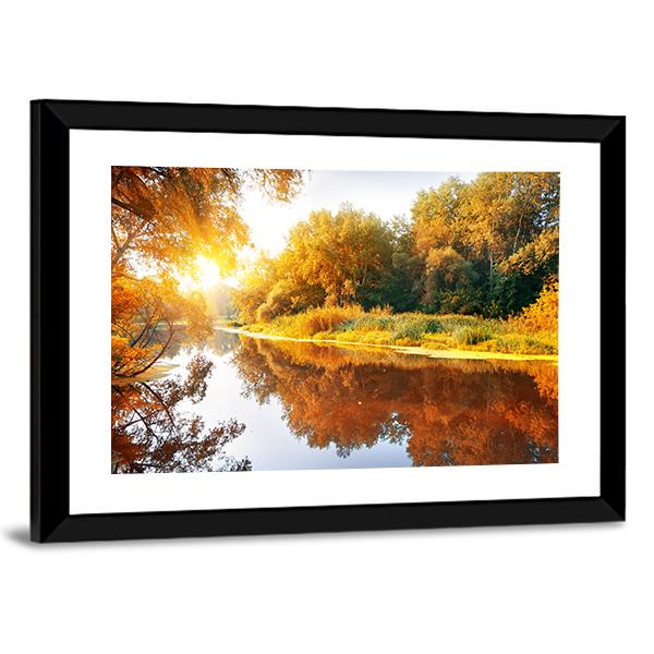 River In A Delightful Autumn Forest At Sunny Day Canvas Wall Art-3 Horizontal-Gallery Wrap-25" x 16"-Tiaracle