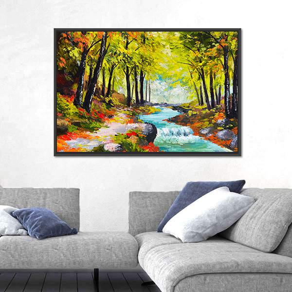 River In Autumn Forest Canvas Wall Art-5 Horizontal-Gallery Wrap-22" x 12"-Tiaracle